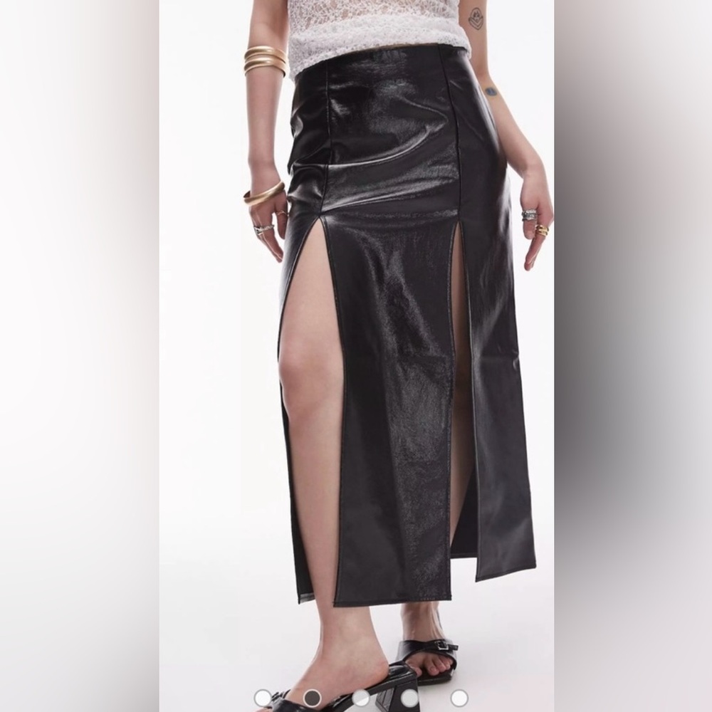 Brand New Topshop Black Vinyl Midi Skirt with Double‎ Slits - Size US 10
